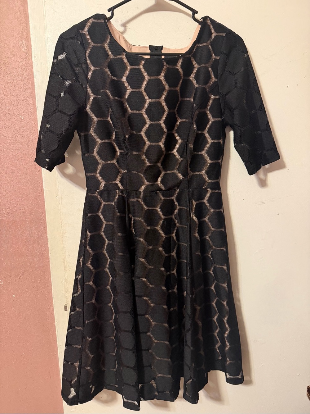 AUW Black Dress with Nude Hexagon Overlay